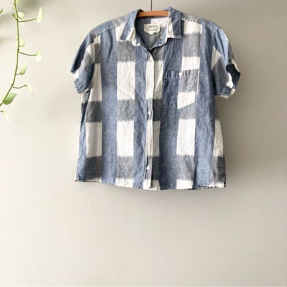 Current Elliott Emma Shirt Womens Blue White Plaid Short Sleeve Linen 2 S - Picture 3 of 7